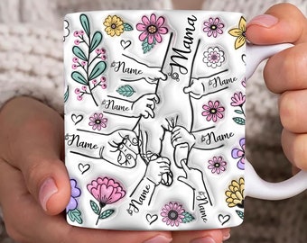 Custom 7 Kids Holding Mom‘s Hand 3D Inflated Mug Wrap, Mama 11oz Mug Template, Mom Floral 11oz Mug Png, Mothers Day Coffee Mugs Png