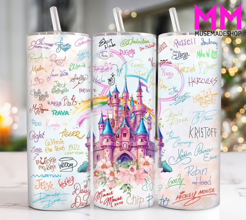 May include: Three white tumblers with a colorful rainbow and pink castle design. The tumblers are decorated with handwritten names of Disney characters, including Mickey Mouse, Minnie Mouse, Buzz Lightyear, Woody, and more.