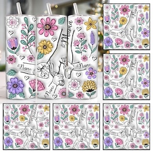 May include: A set of six sublimation designs featuring a hand holding a smaller hand with floral accents. The designs include the words "Mama", "Nana", "Grandma", "Mimi", "Mom", and "Mommy".