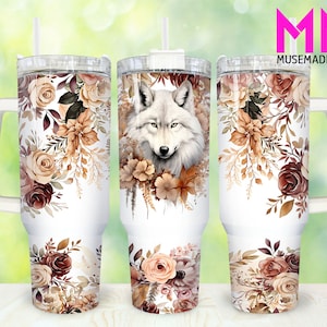 Boho Floral Wolf 40oz Tumbler Png, Wolf Tumbler 40oz Png, Wolf 40oz Tumbler Wrap, Boho Floral 40oz Quencher Tumbler, Flower Tumbler