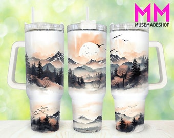 Mountains and Lake 40oz Tumbler Png, Sunset Forest Tumbler 40oz Png, Mountains 40oz Tumbler Wrap, 40oz Quencher Wrap, Sublimation Design