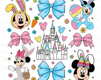 Puede incluir: Un conjunto de ilustraciones coloridas de personajes de Disney con temática de Pascua que presentan a Mickey Mouse, Minnie Mouse y el icónico Castillo de Cenicienta. Los personajes están vestidos con trajes de conejo y sostienen huevos de Pascua y cestas.
