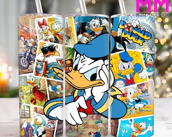 May include: A colorful tumbler with a collage of Donald Duck comic book panels. The tumbler features a variety of scenes from Donald Duck comics, including Donald Duck himself, his nephews, and other characters. The tumbler is made of stainless steel and has a clear lid. It is perfect for enjoying your favorite beverages on the go.