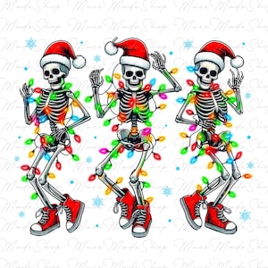 May include: Three skeletons wearing Santa hats and tangled in colorful Christmas lights are dancing. The skeletons are wearing red sneakers and are set against a white background with snowflakes.