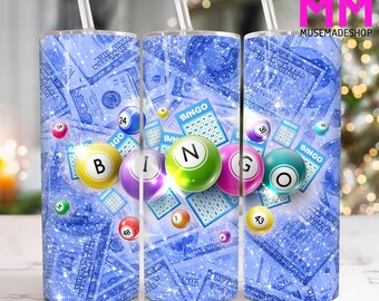 May include: A blue and white tumbler with a glitter finish features a design of dollar bills and bingo balls with the letters B-I-N-G-O. The tumbler has a clear lid and a straw.