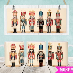 May include: Two white ceramic mugs with a colorful illustration of nutcracker soldiers. The mugs feature a variety of nutcracker designs, including red, blue, and green uniforms. The mugs are perfect for hot beverages and add a festive touch to any holiday gathering.