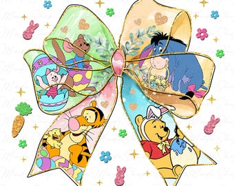 Puede incluir: Un lazo colorido con un acabado brillante presenta varios personajes de Disney, incluyendo Winnie the Pooh, Tigger, Piglet y Eeyore. Cada personaje se representa con elementos de Pascua, como huevos y conejos.