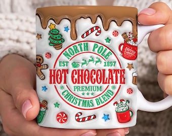 Emballage de tasse gonflé 3D de chocolat chaud de Noël, modèle de tasse de joyeux Noël 11 oz et 15 oz, tasse de 11 oz PNG, tasse de 15 oz Png, tasses à café Png