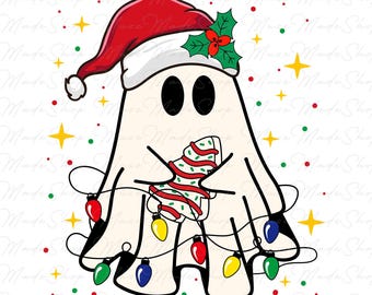 May include: A white ghost wearing a red Santa hat and holding a Christmas tree decorated with red and white candy canes. The ghost is surrounded by colorful Christmas lights.