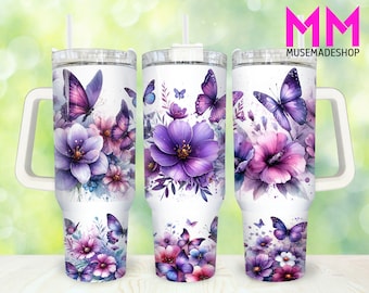 Purple Butterfly 40oz Tumbler Png, Floral Tumbler 40oz Png, Butterfly 40oz Tumbler Wrap, 40oz Quencher Tumbler Wrap,Sublimation Design