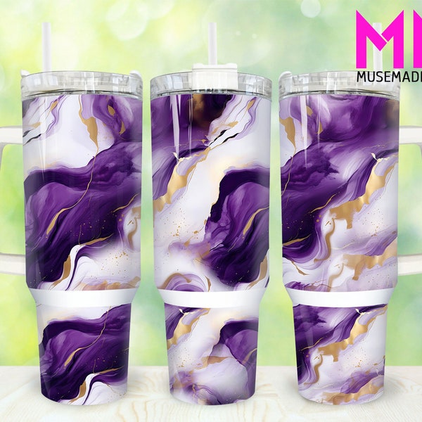 Purple and Gold Marble 40oz Tumbler Png, Marble Tumbler 40oz Png, Gold 40oz Tumbler Wrap, Purple 40oz Quencher Tumbler