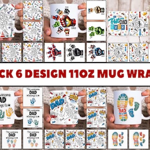 Pacote 6 Envoltório de caneca inflada 3D do pai, modelo de caneca de 11 onças personalizado Dad Fist Bump, caneca de 11 onças do pai Png, canecas de café do dia dos pais Png, caneca personalizada com nomes de crianças