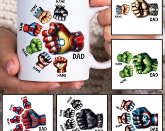 Taza personalizada de superhéroe para papá con puños para hasta 6 niños, plantilla de taza de 325 ml, taza de papá de 325 ml (PNG), tazas de café para el Día del Padre (PNG), taza con la mano del padre