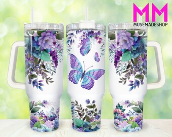 Purple Butterfly 40oz Tumbler Png, Purple Floral Tumbler 40oz Png, Floral Butterfly 40oz Tumbler Wrap, Flowers 40oz Quencher Tumbler Wrap