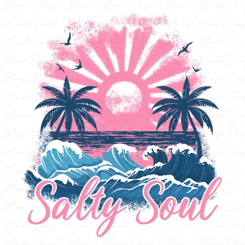 May include: A pink and blue graphic design with a sunset over the ocean and palm trees. The text "Salty Soul" is written in pink below the waves.