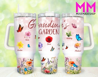 Grandma's Garden 40oz Tumbler Png, niestandardowy miesiąc urodzenia kwiatowy kubek dla mamy 40oz Png, mama 40oz Tumbler Wrap, Dzień Matki 40oz Quencher Tumbler