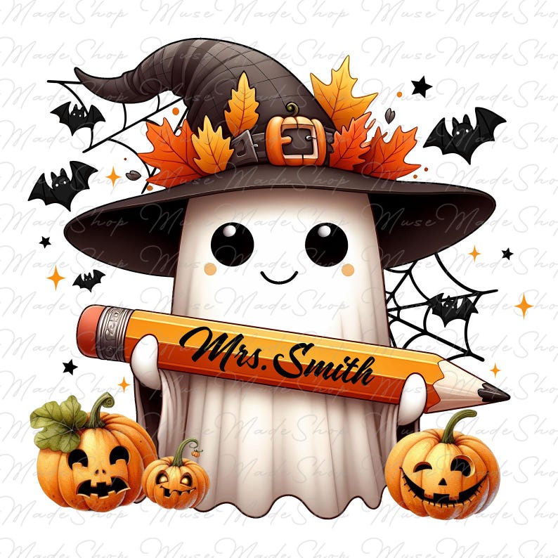 Puede incluir: Un fantasma de dibujos animados con un sombrero de bruja con hojas naranjas y marrones, sosteniendo un l&aacute;piz grande con el texto "Mrs. Smith" escrito en &eacute;l. El fantasma est&aacute; rodeado de calabazas y murci&eacute;lagos.