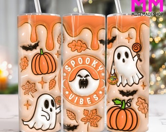 Pumpkin Spooky Vibes 3D Inflated 20 oz Skinny Tumbler Png, 3D Halloween 20oz Tumbler Png, Horror Halloween Straight and Taper Tumbler Wrap