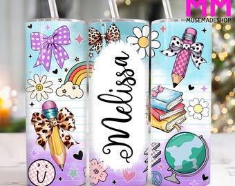 Custom Name Teacher 20 oz Skinny Tumbler Png, Teacher Coquette Bow 20oz Tumbler Png, Teacher Life 20oz Tumbler Wrap, Teacher Tumbler Wrap