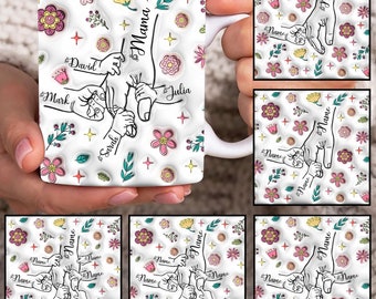 Custom Up to 6 Kids Holding Mom‘s Hand 3D Inflated Mug Wrap, Mama 11oz Mug Template, Mom Floral 11oz Mug Png, Mothers Day Coffee Mugs Png