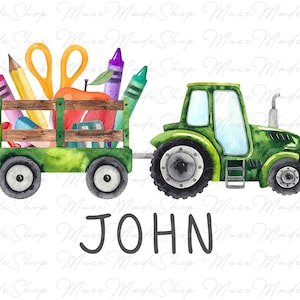 Custom Back to School Png, Back To School Kids Crayon Name Monogram Green Tractor Boy Watercolor Png, Custom Name Png, Sublimation Design
