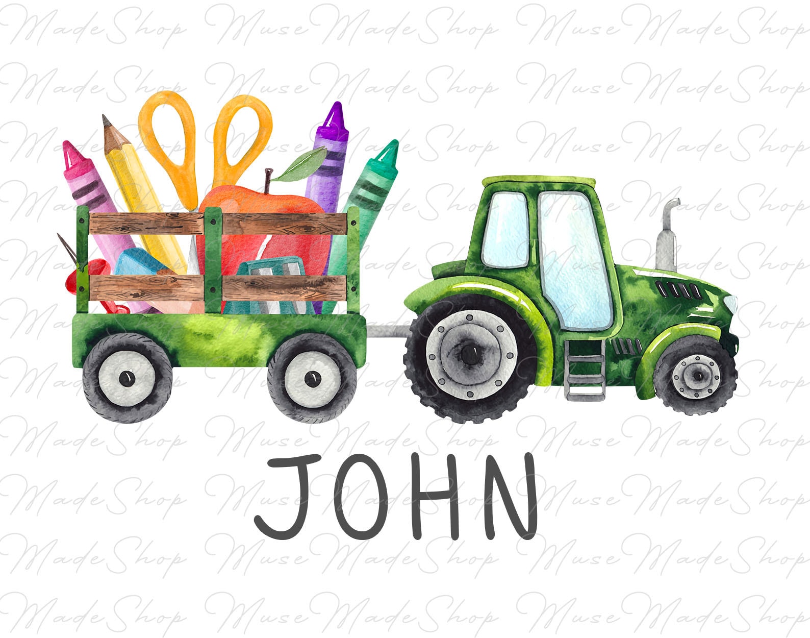 Custom Back to School Png, Back To School Kids Crayon Name Monogram Green Tractor Boy Watercolor Png, Custom Name Png, Sublimation Design