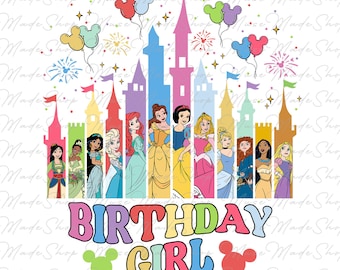 May include: A colorful illustration of a castle with Disney princesses and the text "BIRTHDAY GIRL" with Mickey Mouse ears on either side of the word "GIRL".