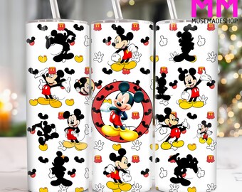 May include: A white tumbler featuring a repeating pattern of Mickey Mouse in various poses, including silhouettes, with red, yellow, and black accents. The design includes Mickey's gloves, shoes, and a circular emblem. The tumbler has a clear straw.