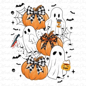 May include: A digital illustration of four ghosts and three pumpkins with black and white checkered bows. The ghosts are white and have black eyes. One ghost is holding a bloody knife, another is holding a cup of coffee, and the third is holding a small pumpkin bucket. The pumpkins are orange with black and orange polka dot bows. The background is white with black polka dots.