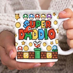 Super Daddio 3D-aufgeblasene Tassenverpackung, Super Dad 3D Puff 11oz-Tassenvorlage, Dad 11oz-Tasse Png, Vatertags-Kaffeetassen Png, Cartoon-Papa-Tasse