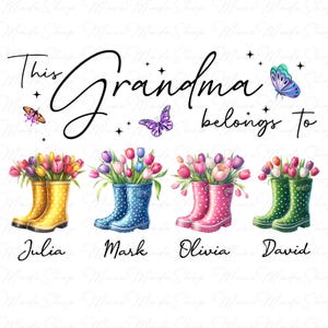 Custom Grandma with Kids Name Png, Garden Boots Png, Grandma Shirt with Grandkid Name, Mother's Day Gift Png, Mother's Day Png, Grandma Png