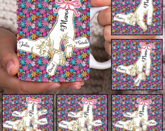 Custom Up to 6 Kids Holding Mom‘s Hand Mug Wrap, Coquette Mama Floral 11oz Mug Template, Mom Floral 11oz Mug Png, Mothers Day Coffee Mug Png