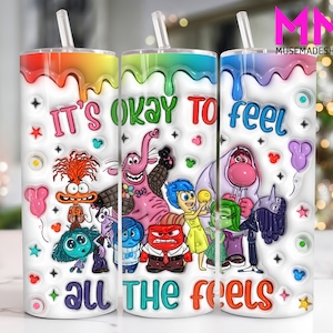 Stripfiguren 3D opgeblazen 20 oz skinny tuimelaar png, cartoon emoties 20oz tuimelaar png, cartoon 20oz tuimelaar wrap, geestelijke gezondheid tuimelaar