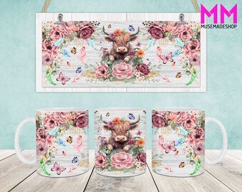 Highland Cow Flowers Mug Wrap, Cow 11oz & 15oz Mug Template, 11oz Mug Png, 15oz Mug Png, Coffee Mugs Png, Mug Press Sublimation Wrap