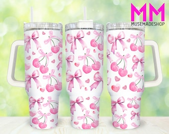 Coquette Bow 40oz Tumbler Png, Cherry Bow Tumbler 40oz Png, Pink Bow 40oz Tumbler Wrap, Aesthetic Bows 40oz Quencher Tumbler