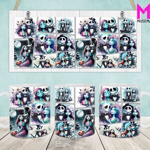 Può includere: Due tazze in ceramica bianca con una stampa colorata in stile fumetto di Jack Skellington e Sally del film L'incubo prima di Natale. La stampa presenta più pannelli dei personaggi in diverse pose.