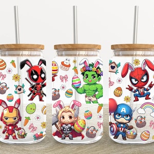 Easter Superhero 16oz Glass Can Wrap, Superhero Easter 16 oz Glass Can Png, 16 oz Libbey Glass Can Wrap, 16 oz Tumbler Wrap Png Sublimation