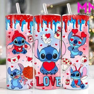 May include: Three stainless steel tumblers with a pink, blue and white background featuring a cartoon blue character with red hearts and the word "LOVE".