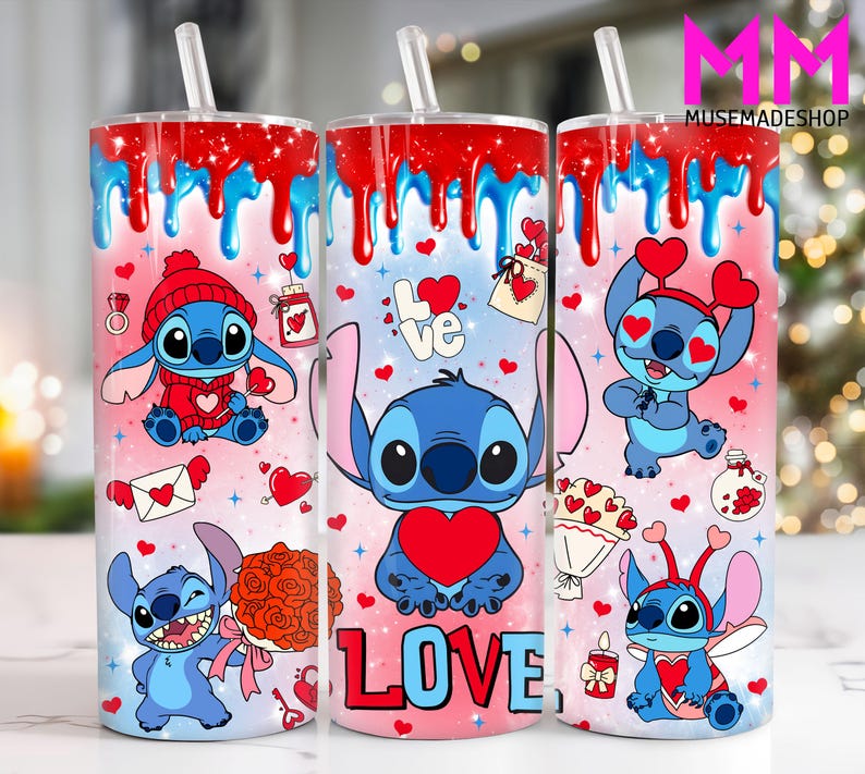 May include: Three stainless steel tumblers with a pink, blue and white background featuring a cartoon blue character with red hearts and the word "LOVE".
