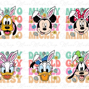 Peut inclure: Six illustrations numériques colorées de personnages Disney portant des oreilles de lapin. Les personnages sont Pluto, Mickey Mouse, Minnie Mouse, Daisy Duck, Donald Duck et Dingo. Chaque personnage porte un bandeau d'oreilles de lapin de couleur différente et a un fond de couleur différente. Le texte "Play-O Mickey Minnie Daisy Donald Goofy" est écrit dans une police rétro sur chaque image.