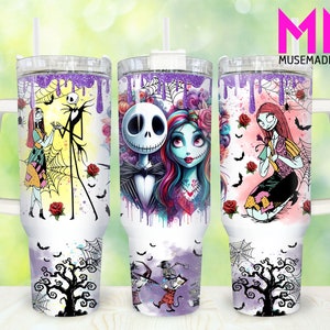 May include: Three stainless steel tumblers with a white background and colorful images of Jack Skellington and Sally from the Nightmare Before Christmas. The tumblers have a purple glitter lid and a handle.