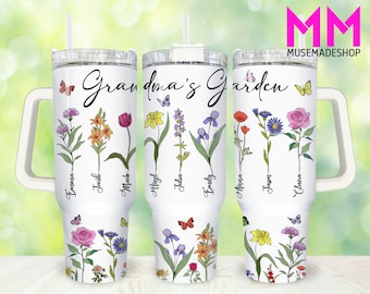 Grandma's Garden 40oz Tumbler Png, niestandardowy miesiąc urodzenia kwiatowy kubek dla mamy 40oz Png, mama 40oz Tumbler Wrap, Dzień Matki 40oz Quencher Tumbler