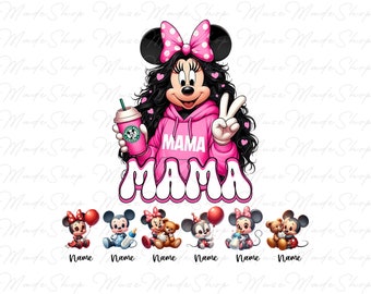 May include: Pink and white cartoon character with black hair and a pink hoodie that says "MAMA" on it. The character is holding a pink and green coffee cup. Below the character is the word "MAMA" in pink and white letters. There are six smaller cartoon characters below the word "MAMA".