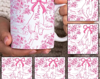 Aangepaste mok voor maximaal 6 kinderen met moederhand mok, Coquette Mama 11 oz moksjabloon, roze bloemen moeder mok 11 oz png, Moederdag koffiemokken png