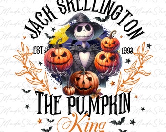 May include: A graphic featuring Jack Skellington from The Nightmare Before Christmas, surrounded by pumpkins and bats. The text reads "Jack Skellington" and "The Pumpkin King", with "EST 1993". The design is in shades of orange, black, and white.