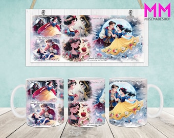 May include: Two white ceramic mugs with a colorful image of Snow White and the Seven Dwarfs. The mugs feature scenes from the classic Disney movie, including Snow White with a poisoned apple, Snow White sleeping in a glass coffin, and Snow White dancing with Prince Charming. The mugs are a great way to show your love for Disney.