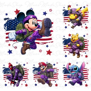 May include: Six cartoon characters wearing camouflage military uniforms with backpacks and holding guns. Each character is standing in front of an American flag with red and white stripes and blue stars. The characters are Mickey Mouse, Pikachu, Winnie the Pooh, Spiderman, Mario, and Stitch.