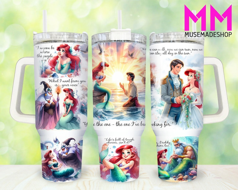 May include: A set of three stainless steel tumblers with a white handle and lid. Each tumbler features a different scene from the Disney movie The Little Mermaid. The first tumbler shows Ariel and Ursula, the second shows Ariel and Prince Eric, and the third shows Ariel and King Triton. The tumblers are decorated with colorful illustrations and quotes from the movie.