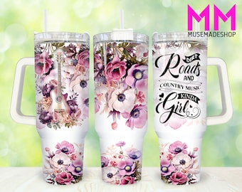 Cowgirl Country Music 40oz Tumbler Png, Pink Floral Tumbler 40oz Png, Cowgirl 40oz Tumbler Wrap, Country Music 40oz Quencher Tumbler