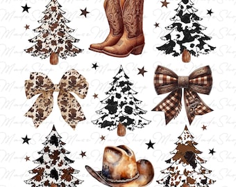 Coquette western Noël png, pierres précieuses turquoise occidentales, noeuds de vache, père Noël, bottes de cow-boy, pain d'épice png, Noël png, western Noël png